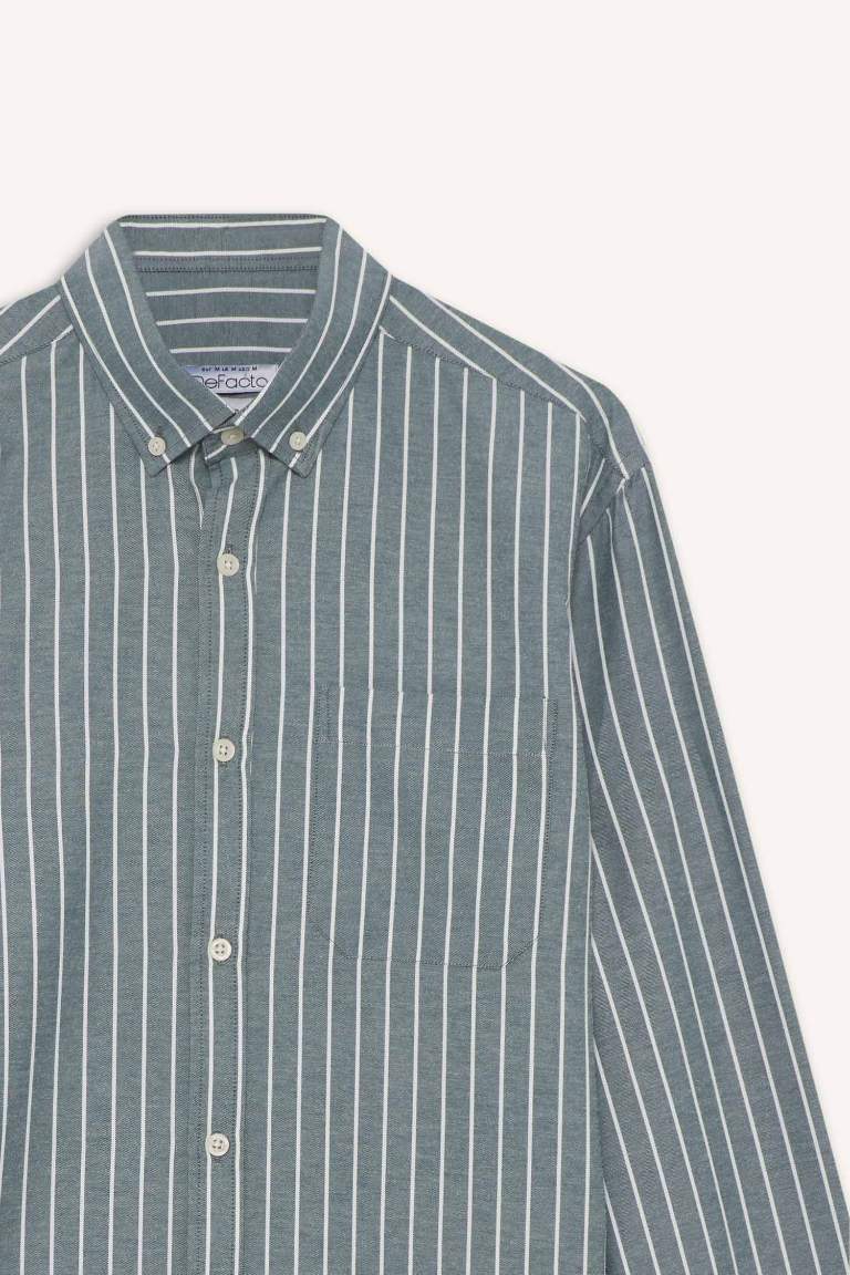 Regular Fit Polo Yaka Dokuma Uzun Kollu Çizgili Gömlek