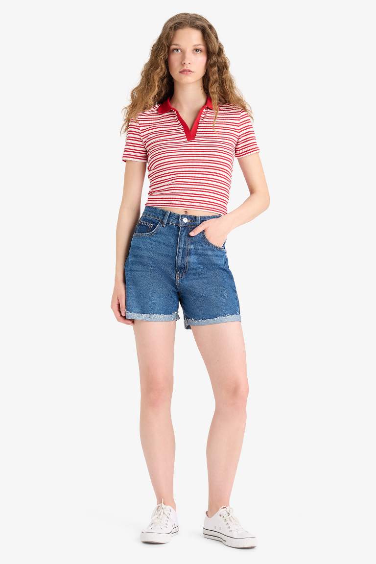 Fitted Polo Yaka Çizgili Fitilli Kaşkorse Kısa Kollu Tişört