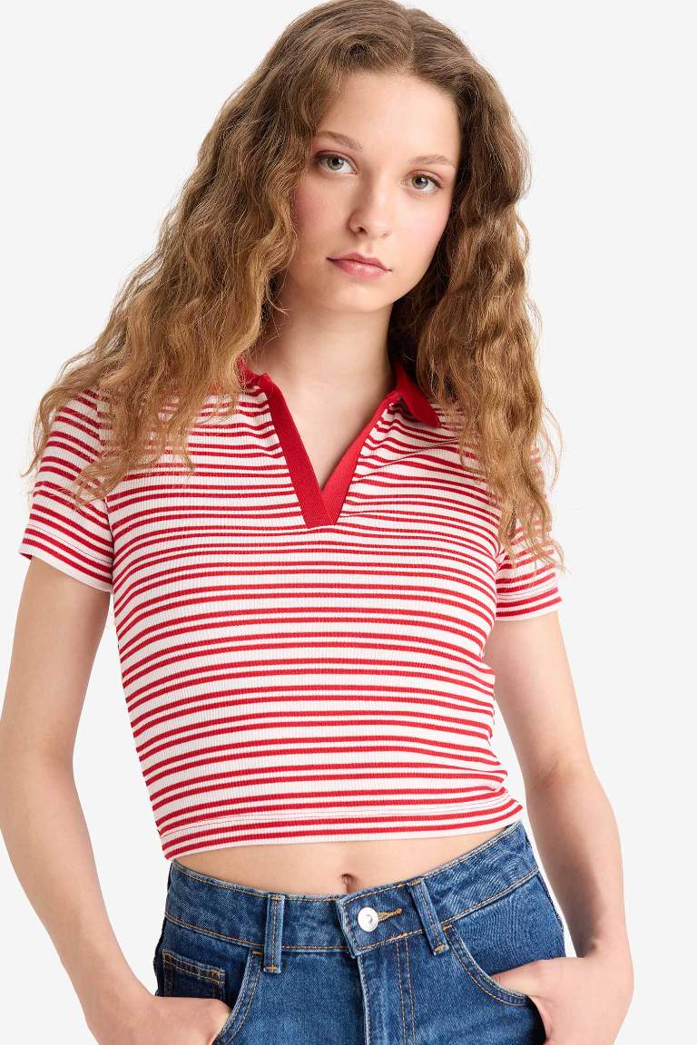 Fitted Polo Yaka Çizgili Fitilli Kaşkorse Kısa Kollu Tişört