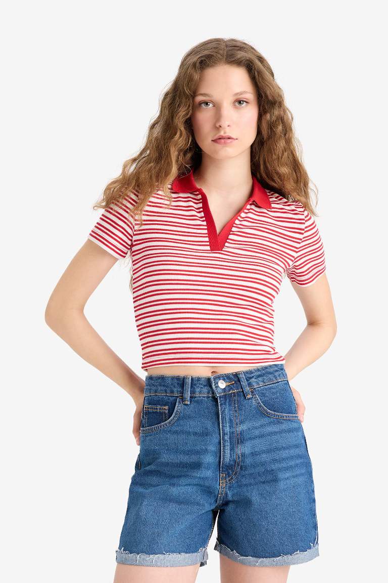 Fitted Polo Yaka Çizgili Fitilli Kaşkorse Kısa Kollu Tişört