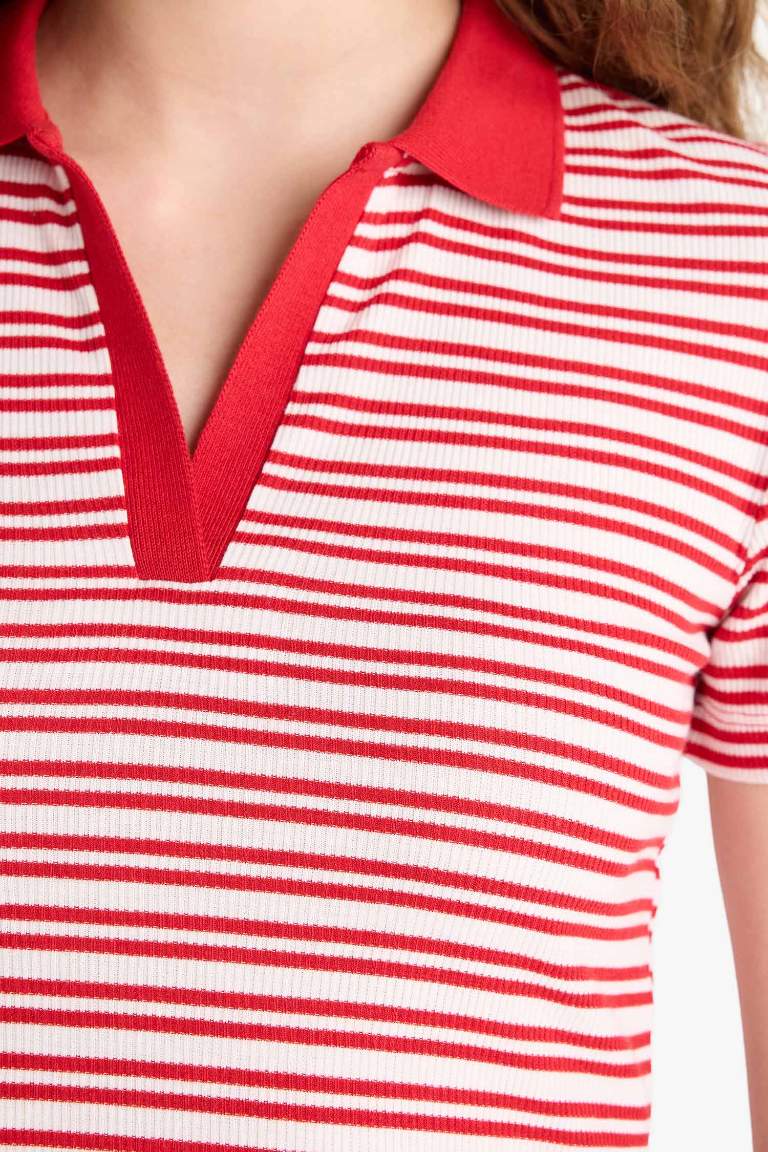Fitted Polo Yaka Çizgili Fitilli Kaşkorse Kısa Kollu Tişört