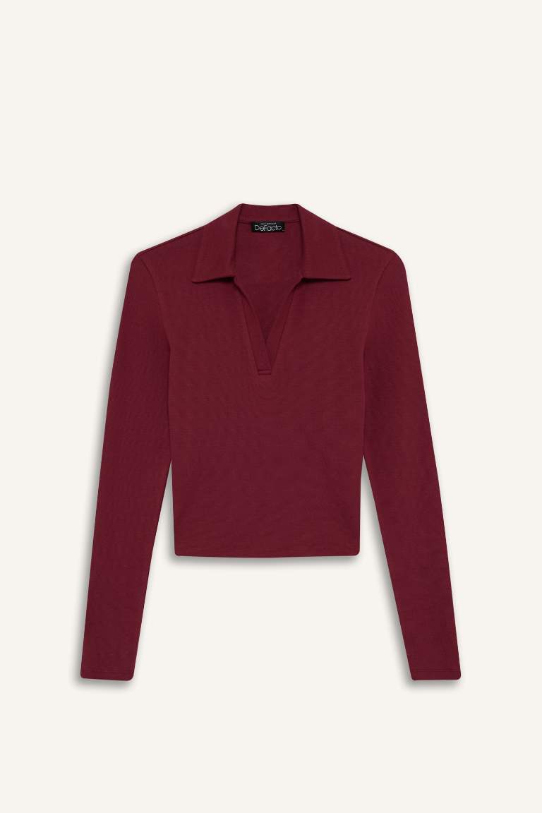 Fitted Polo Yaka Basic Düz Modal Uzun Kollu Tişört