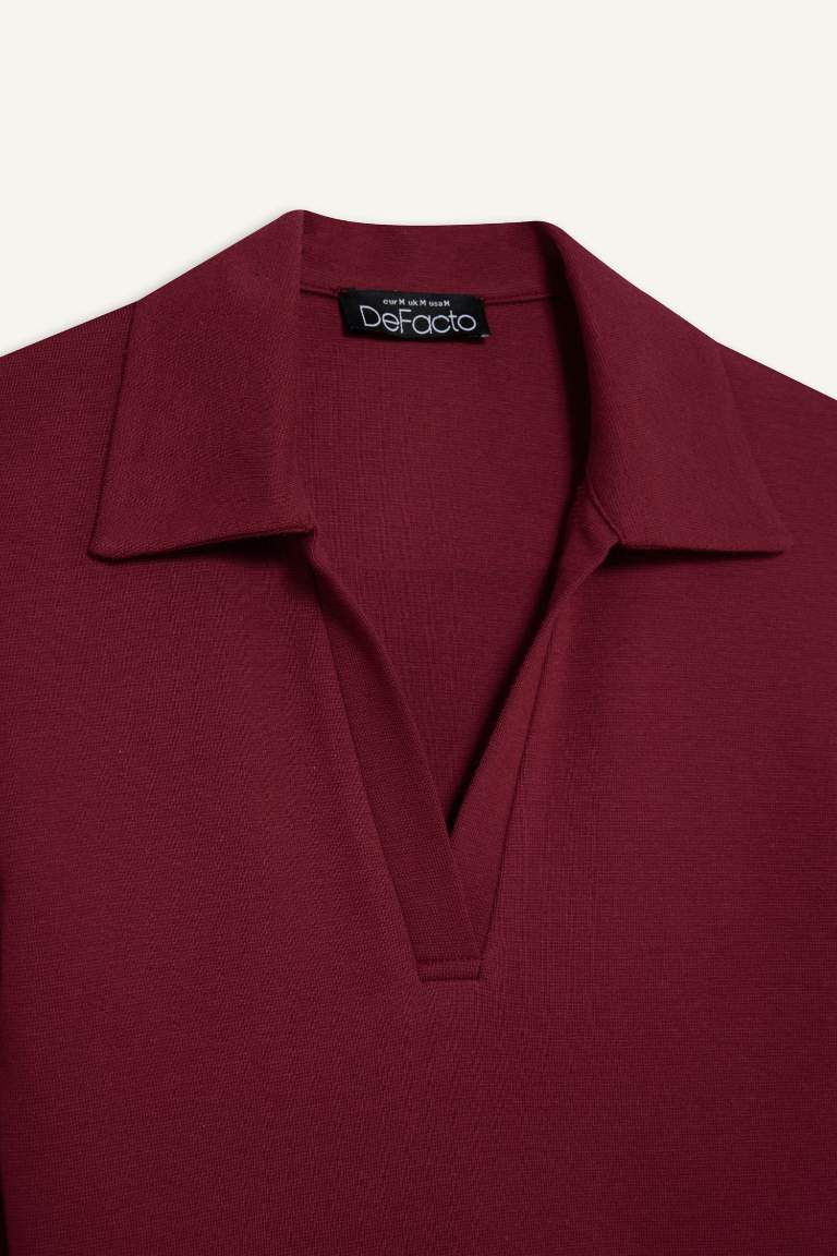 Fitted Polo Yaka Basic Düz Modal Uzun Kollu Tişört