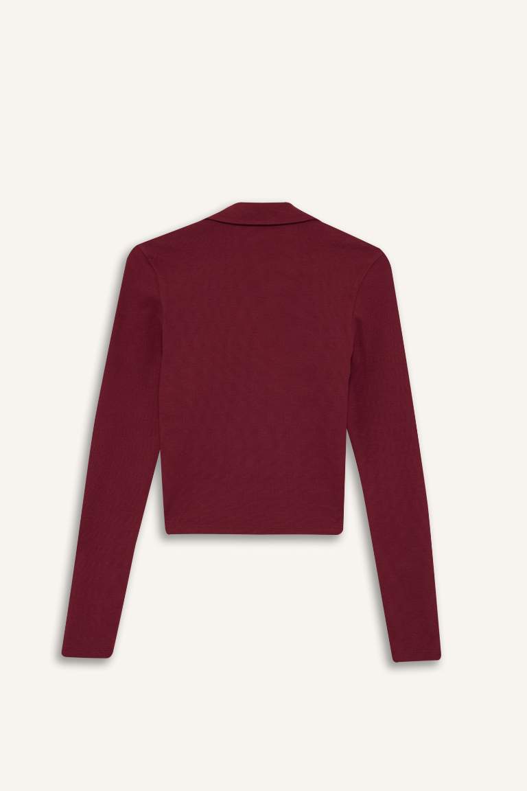 Fitted Polo Yaka Basic Düz Modal Uzun Kollu Tişört
