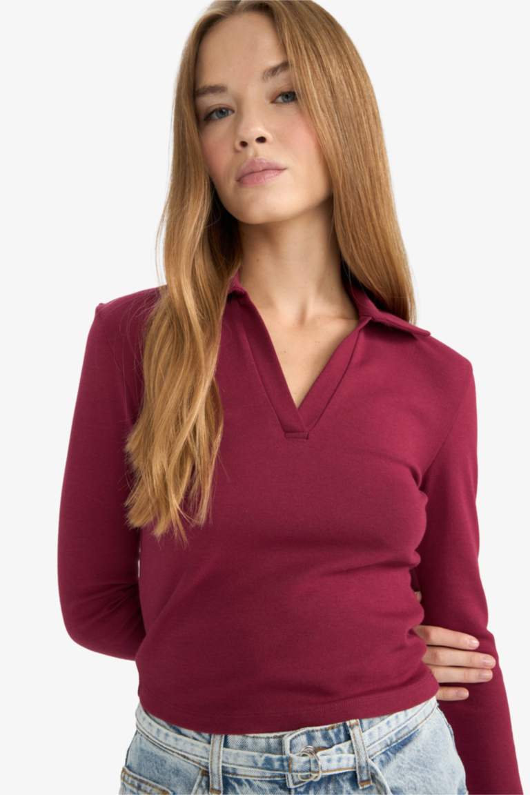 Fitted Polo Neck Basic Modal T-Shirt