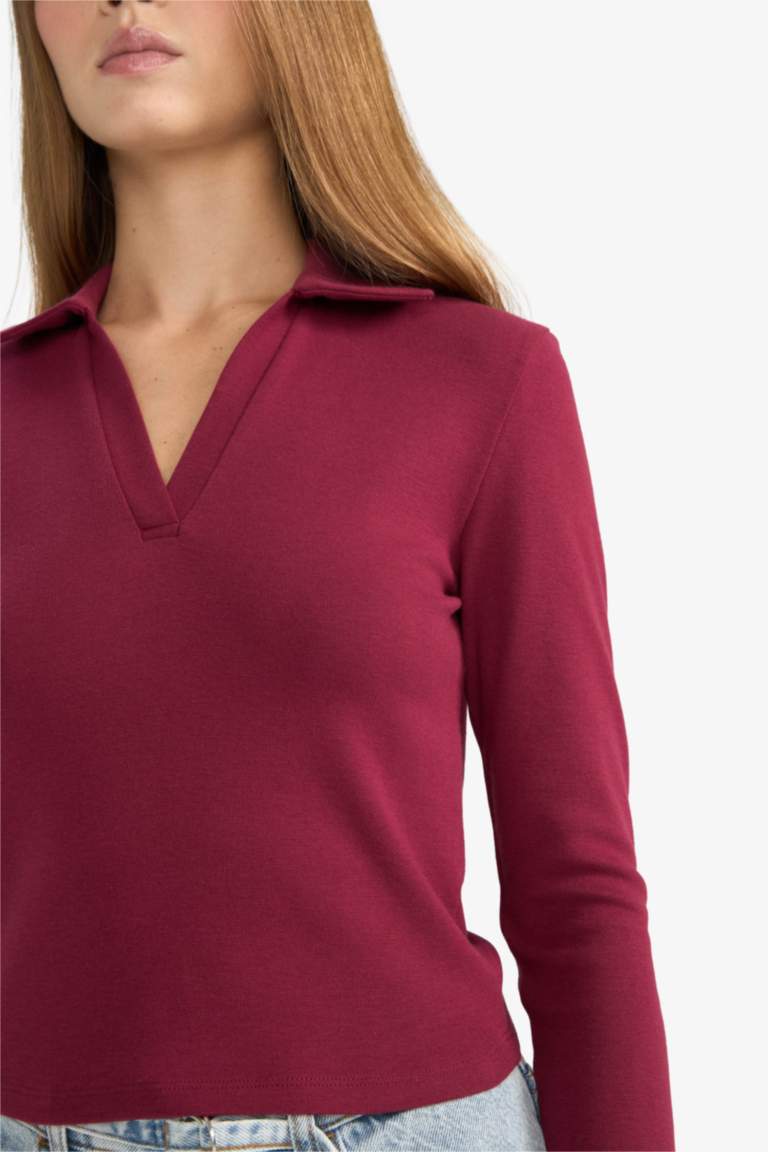 Fitted Polo Neck Basic Modal T-Shirt