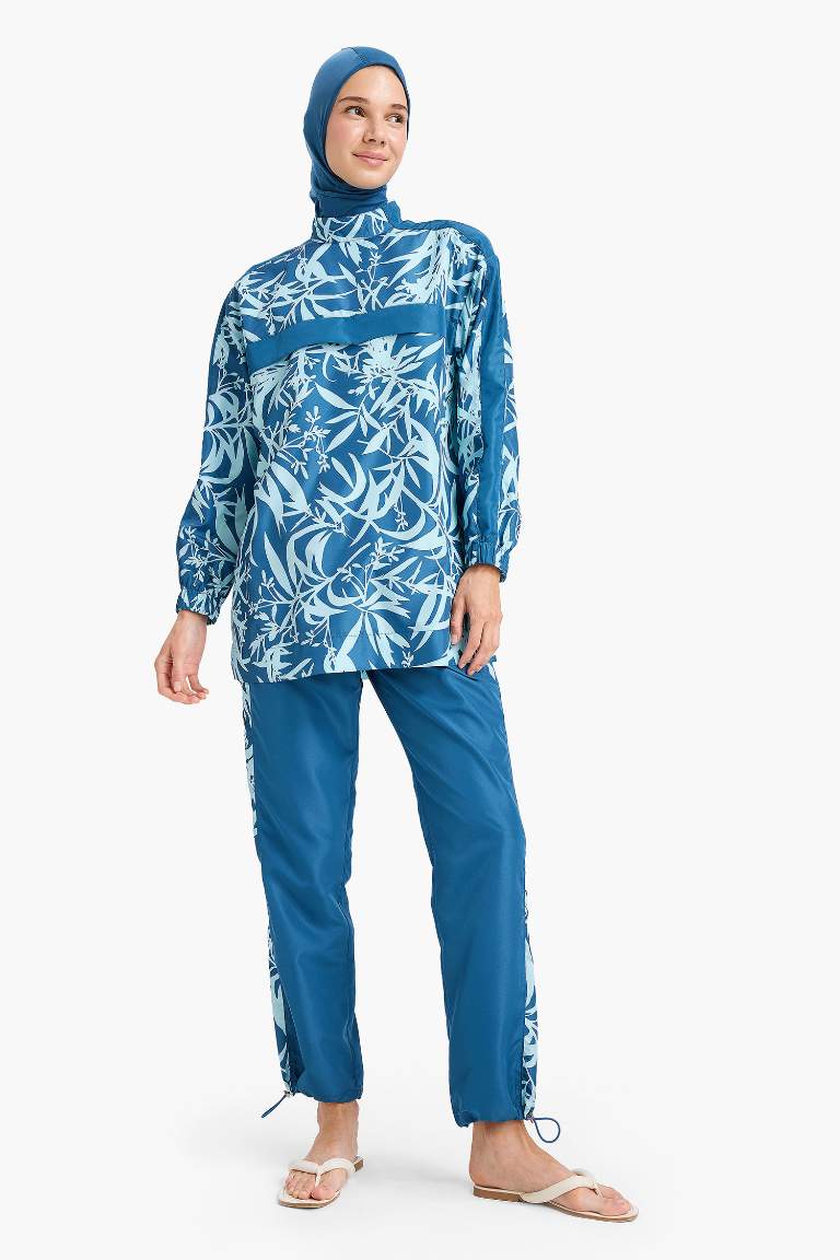 Regular Fit Su İtici 3'lü Desenli Burkini Tesettür Mayo Takım