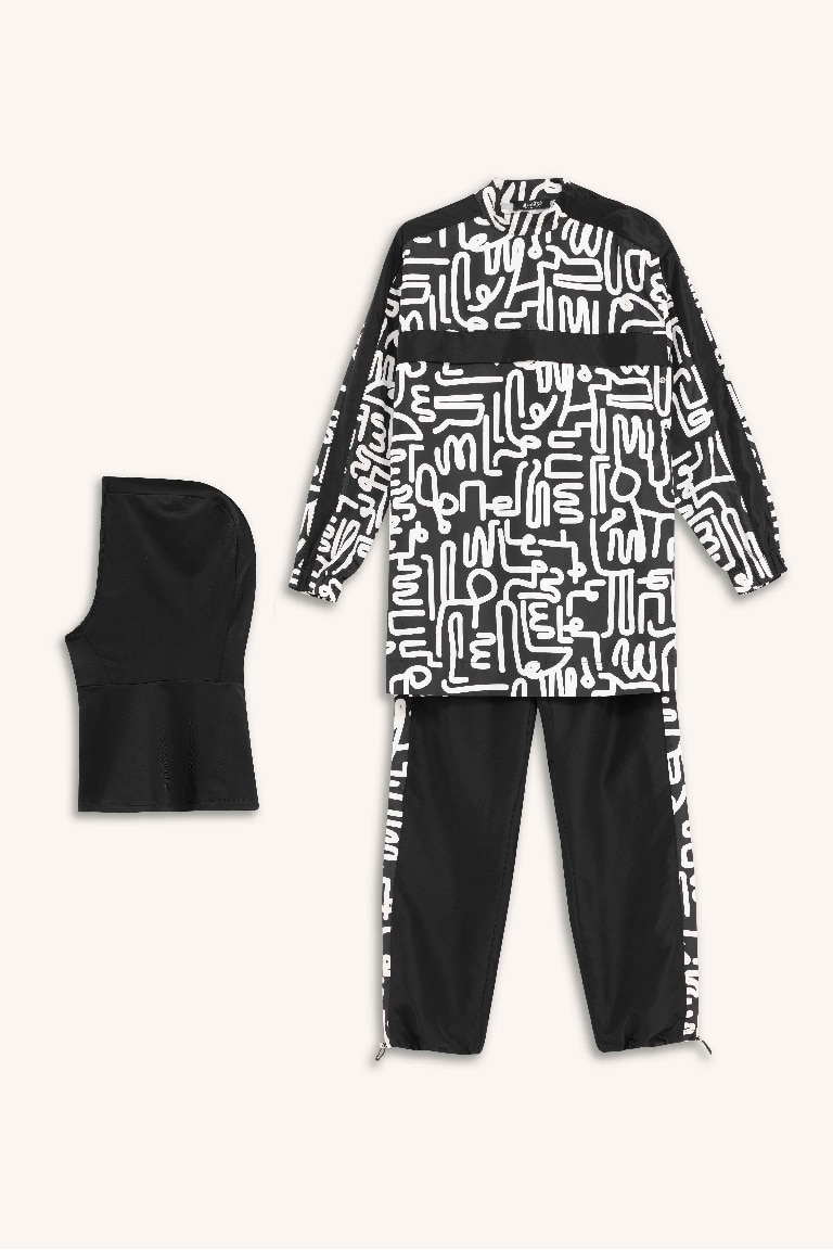 Regular Fit Su İtici 3'lü Desenli Burkini Tesettür Mayo Takım
