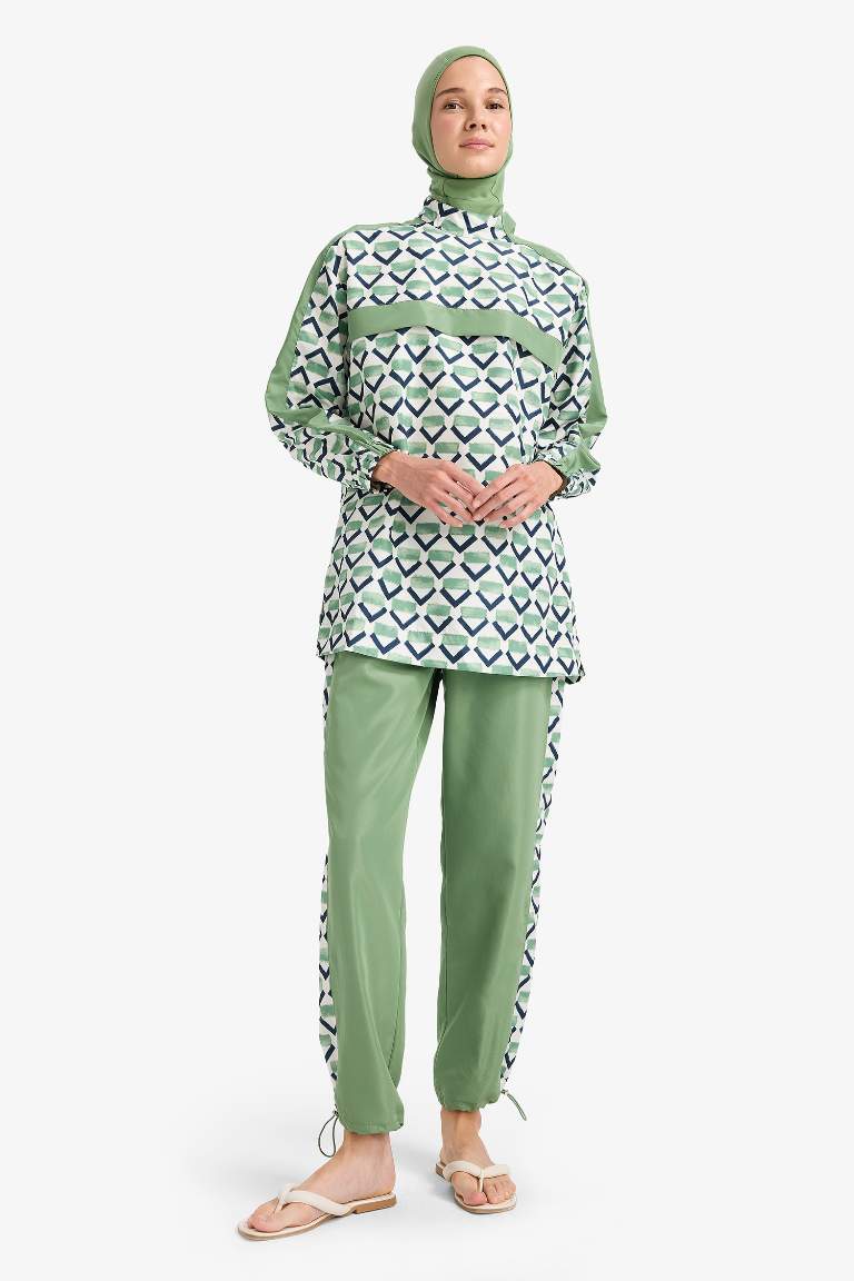 Regular Fit Su İtici 3'lü Desenli Burkini Tesettür Mayo Takım