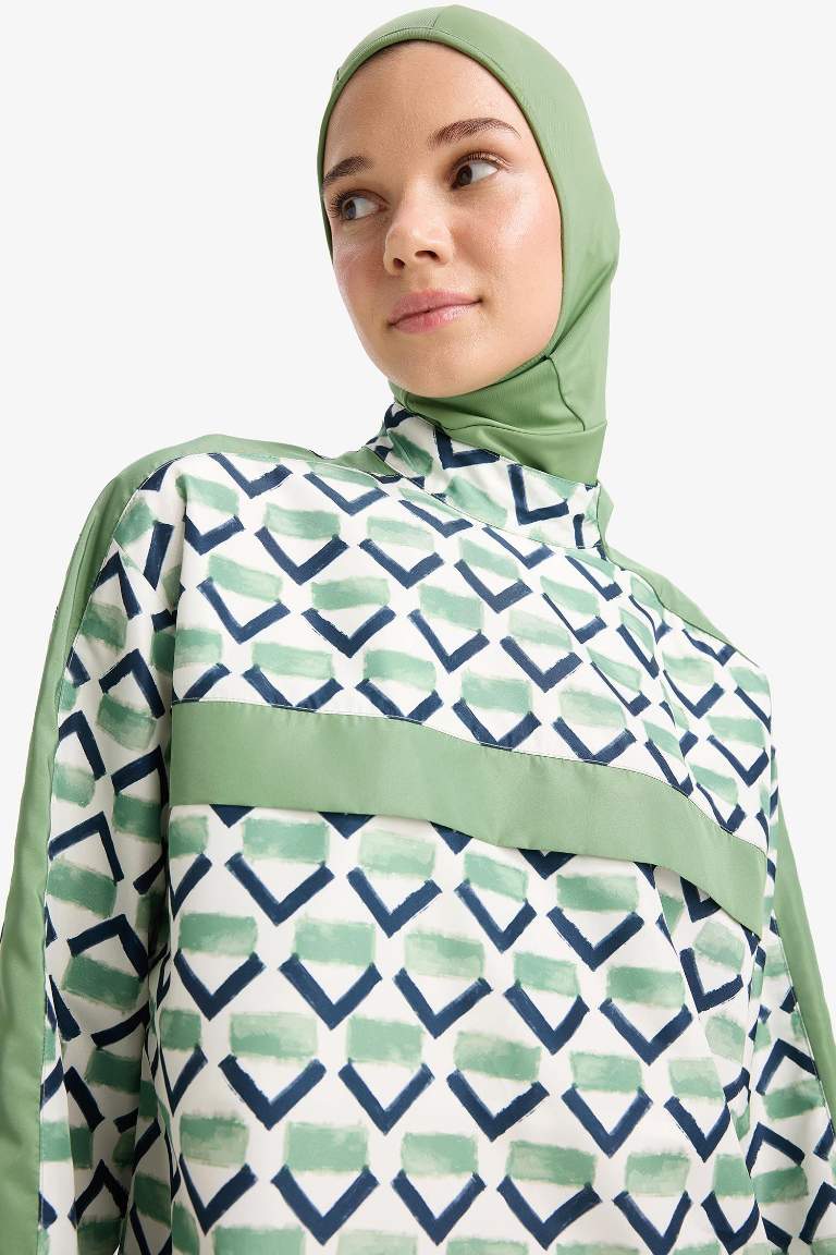 Regular Fit Su İtici 3'lü Desenli Burkini Tesettür Mayo Takım