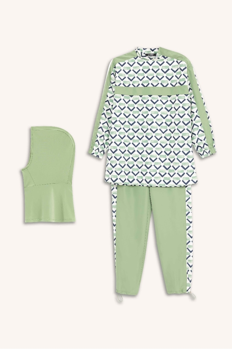 Regular Fit Su İtici 3'lü Desenli Burkini Tesettür Mayo Takım