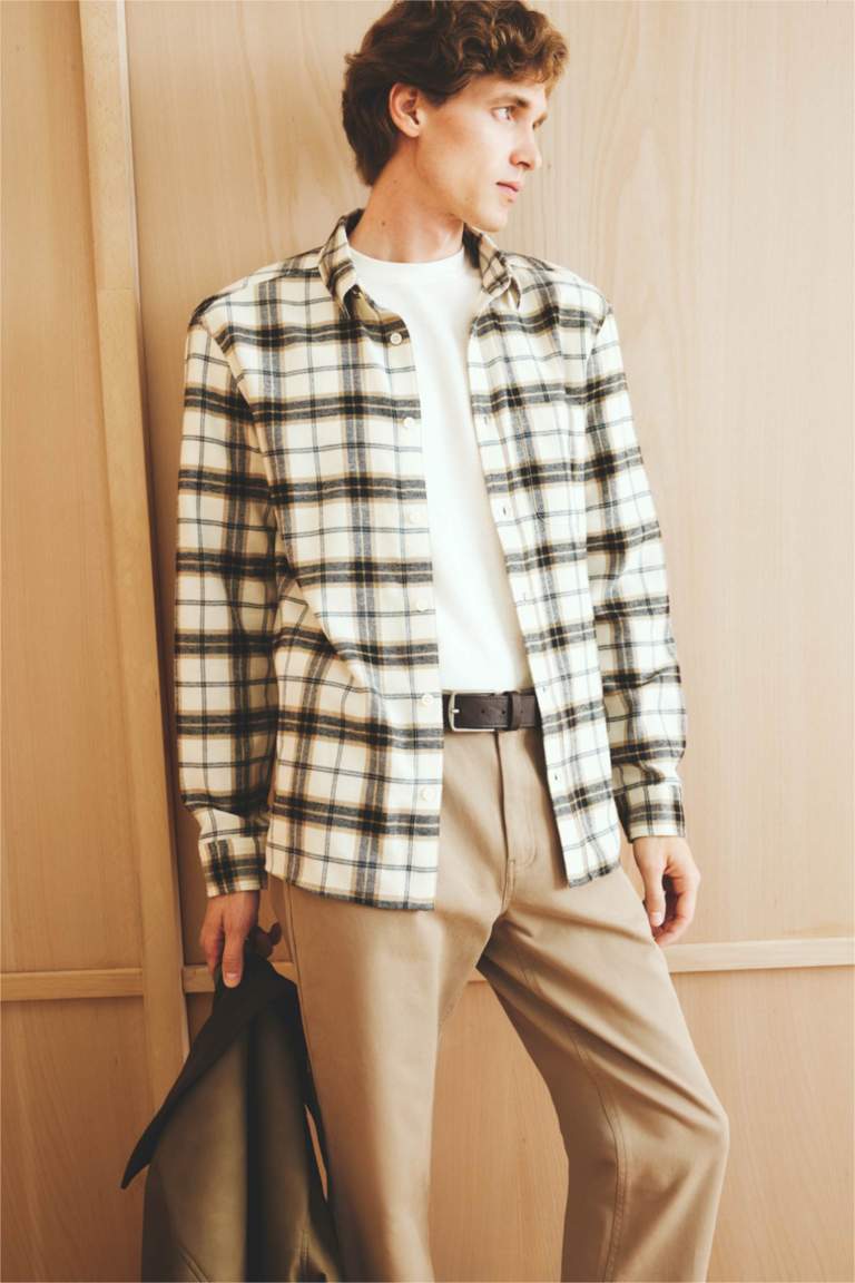 Regular Fit Polo Yaka Kareli Pamuklu Uzun Kollu Gömlek