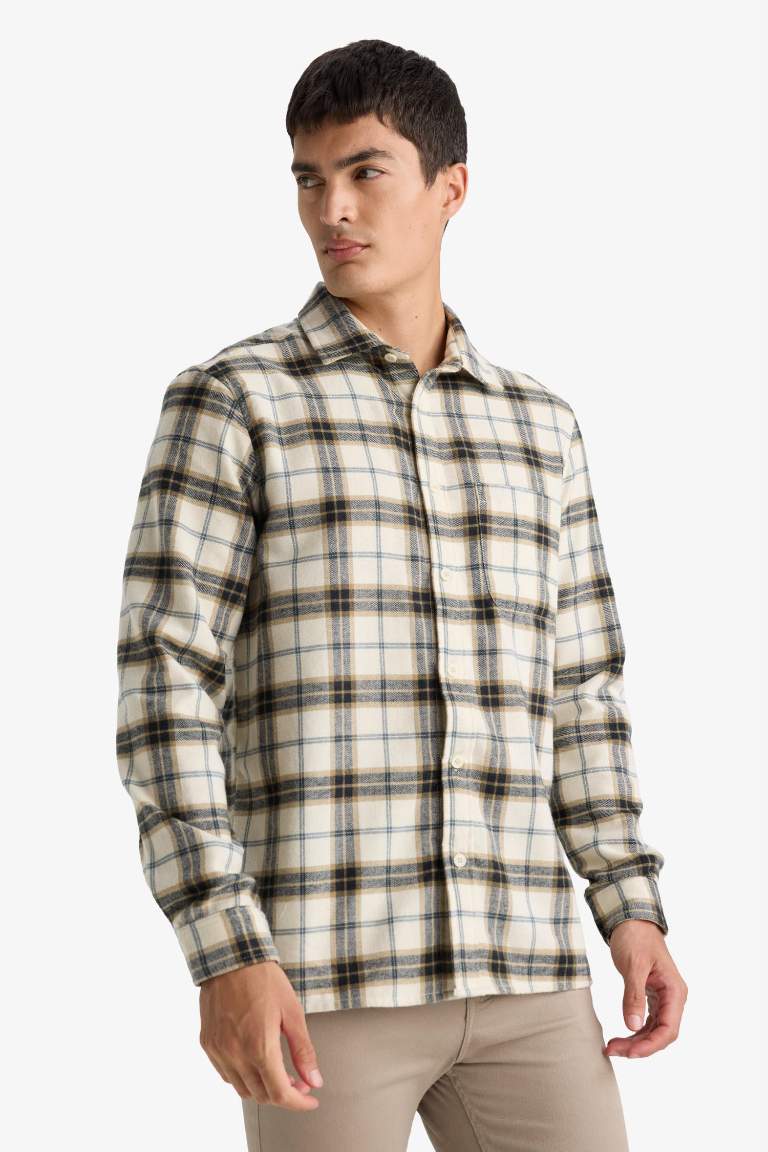 Рубашка Regular Fit из хлопка с воротником-поло, в клетку и с длинным рукавом