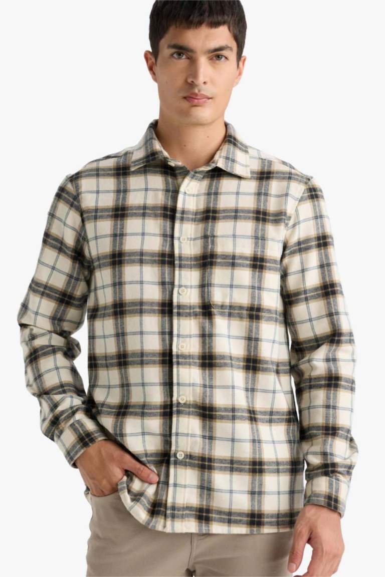 Regular Fit Polo Yaka Kareli Pamuklu Uzun Kollu Gömlek