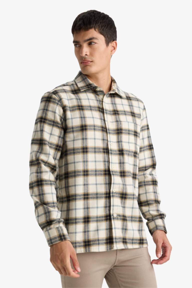 Regular Fit Polo Yaka Kareli Pamuklu Uzun Kollu Gömlek