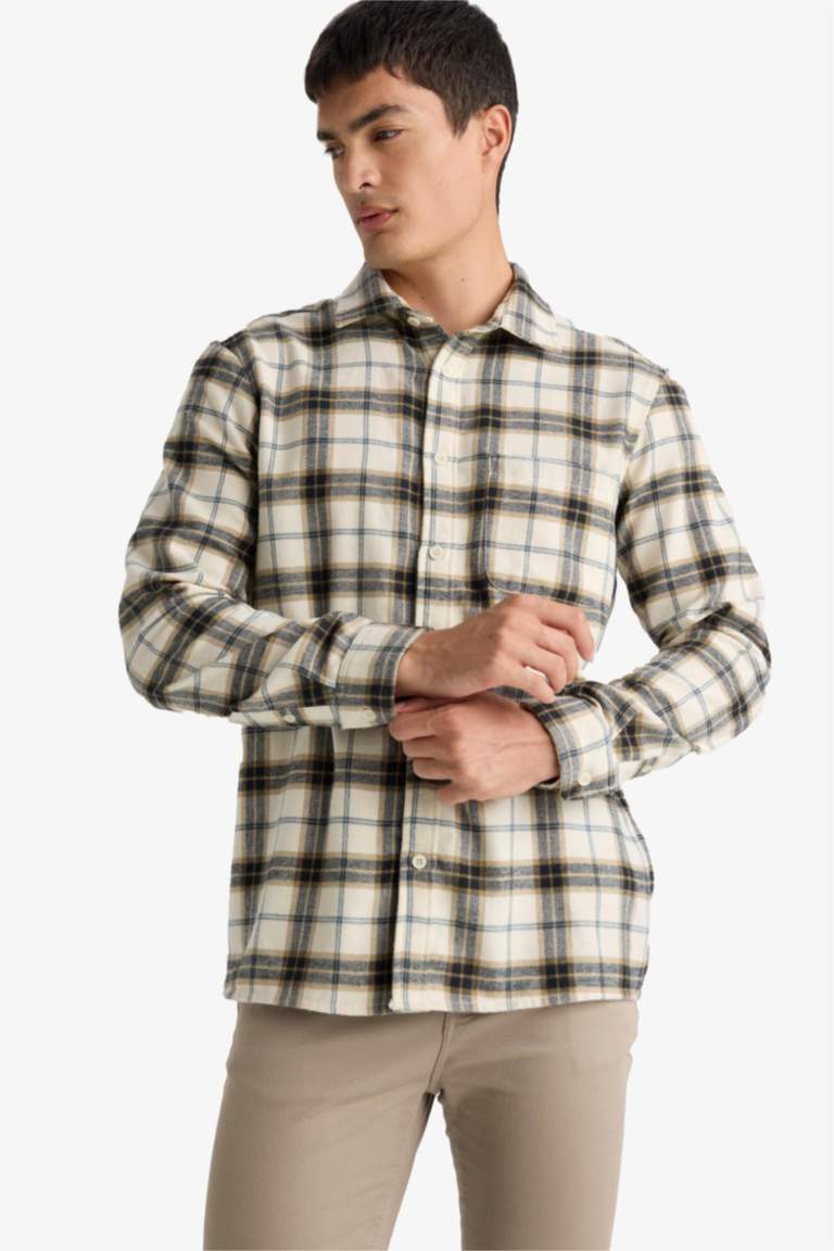 Regular Fit Polo Yaka Kareli Pamuklu Uzun Kollu Gömlek