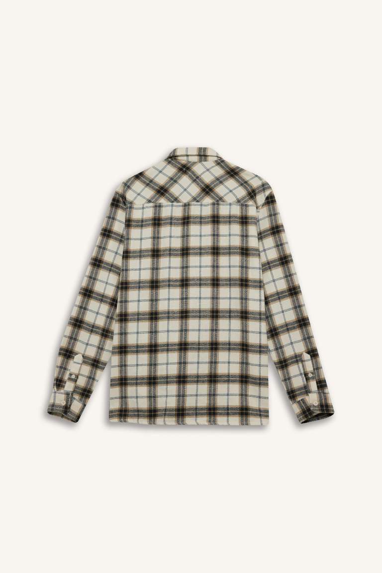 Рубашка Regular Fit из хлопка с воротником-поло, в клетку и с длинным рукавом