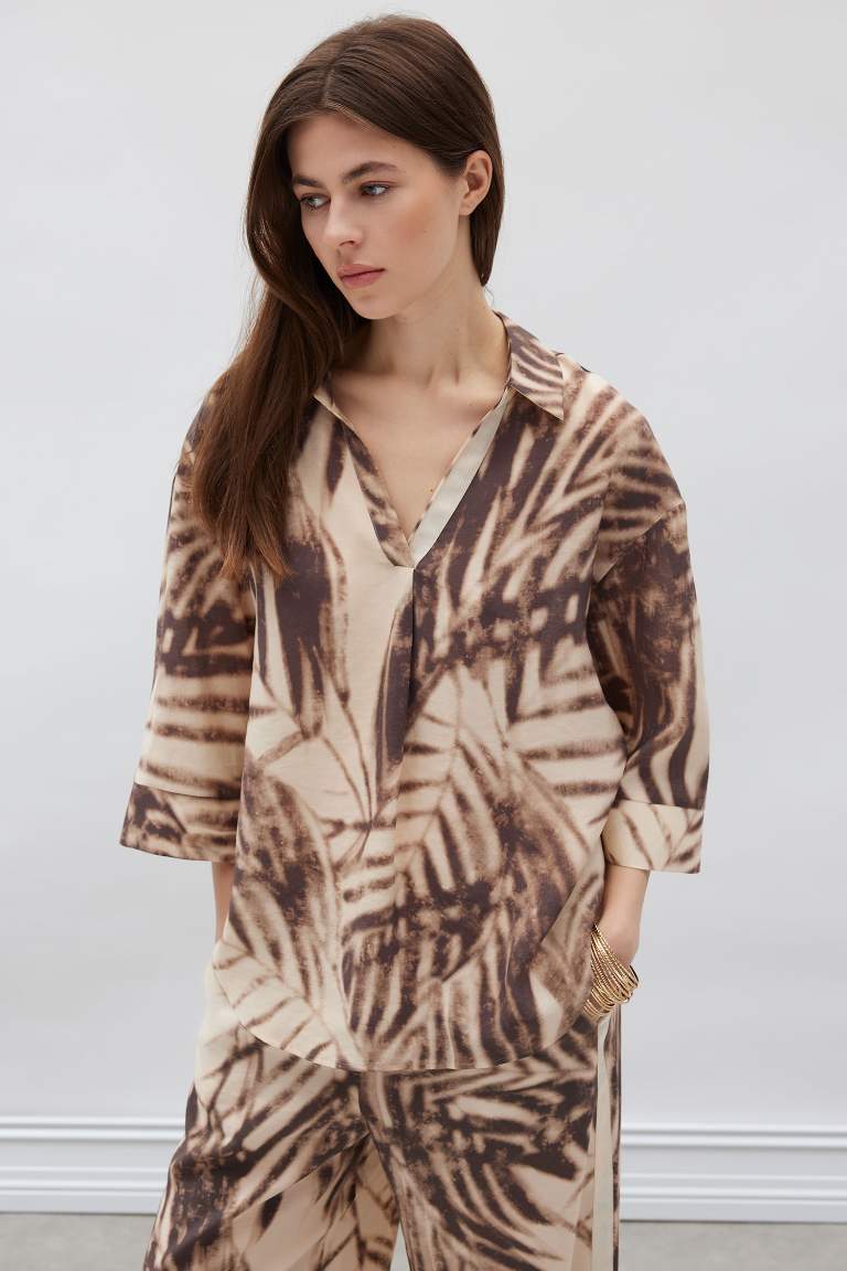 Oversize Fit Shirt Collar Printed Long Sleeve Blouse