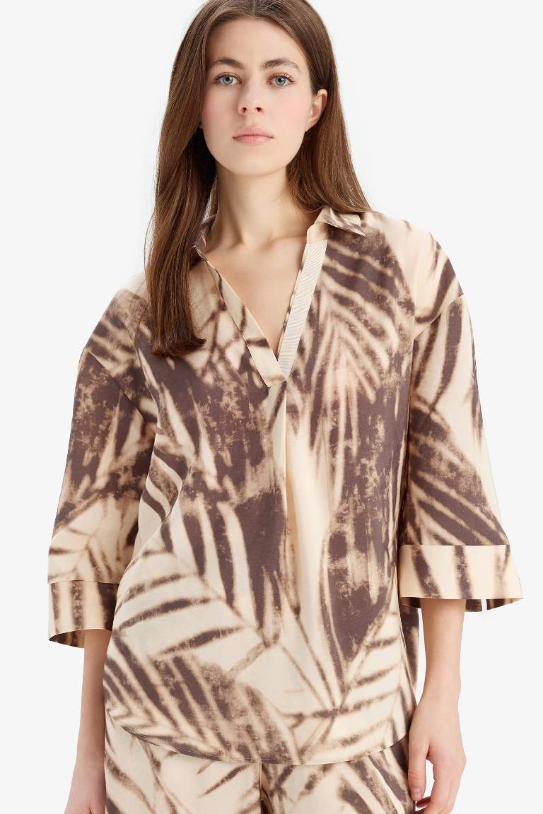 Oversize Fit Shirt Collar Printed Long Sleeve Blouse