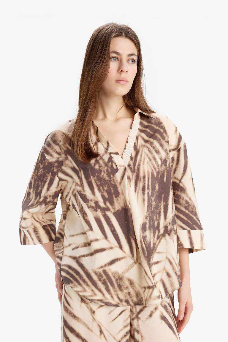 Oversize Fit Shirt Collar Printed Long Sleeve Blouse