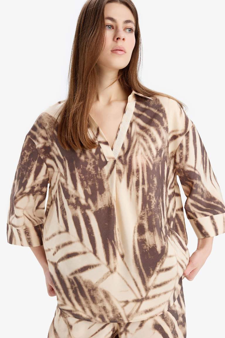 Oversize Fit Shirt Collar Printed Long Sleeve Blouse