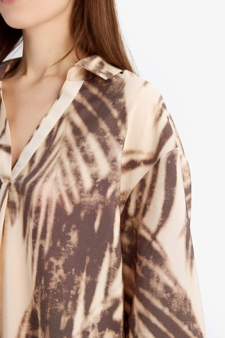 Oversize Fit Shirt Collar Printed Long Sleeve Blouse