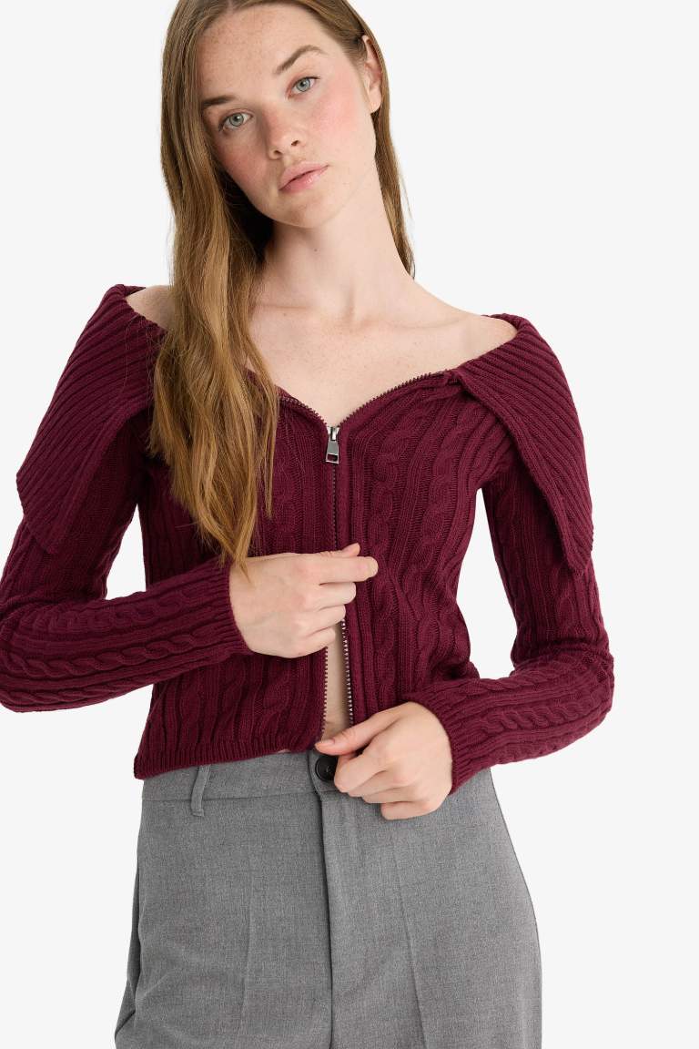 Regular Fit Açık Omuz Fermuarlı Triko Hırka