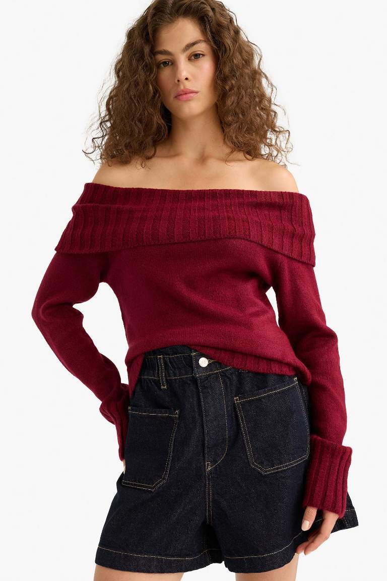 Slim Fit Dar Kesim Açık Omuz Triko Kazak