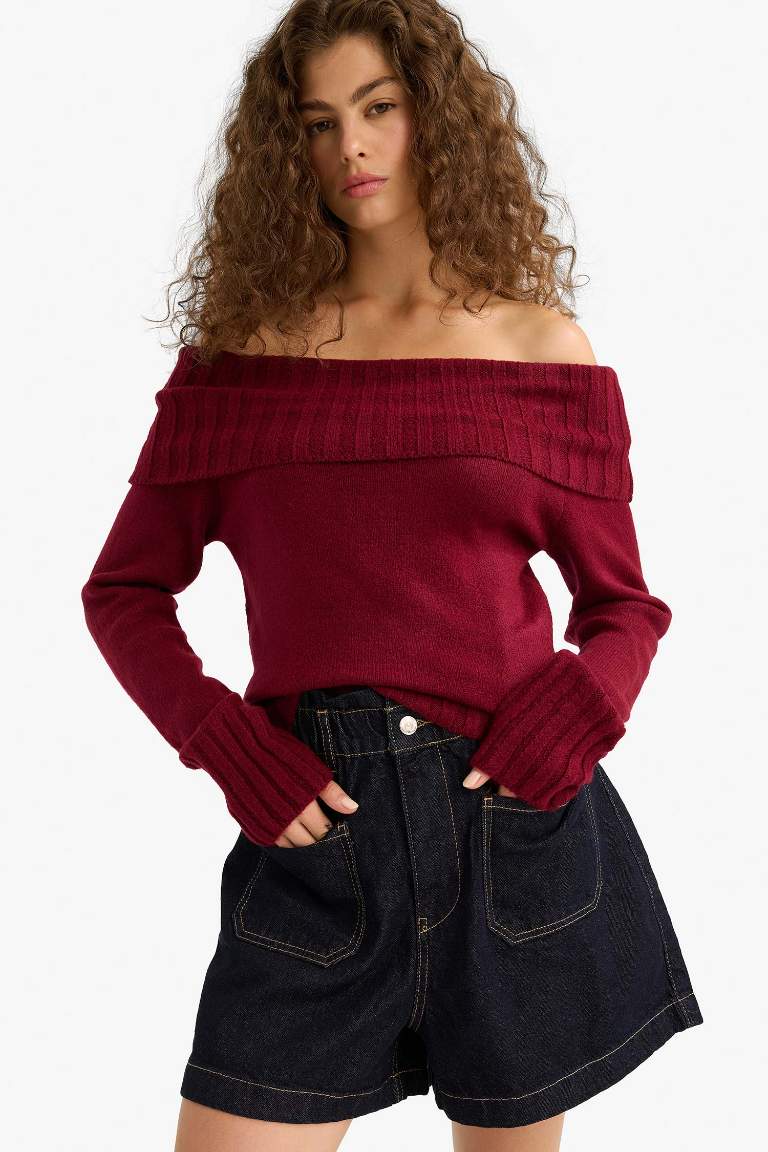 Slim Fit Dar Kesim Açık Omuz Triko Kazak