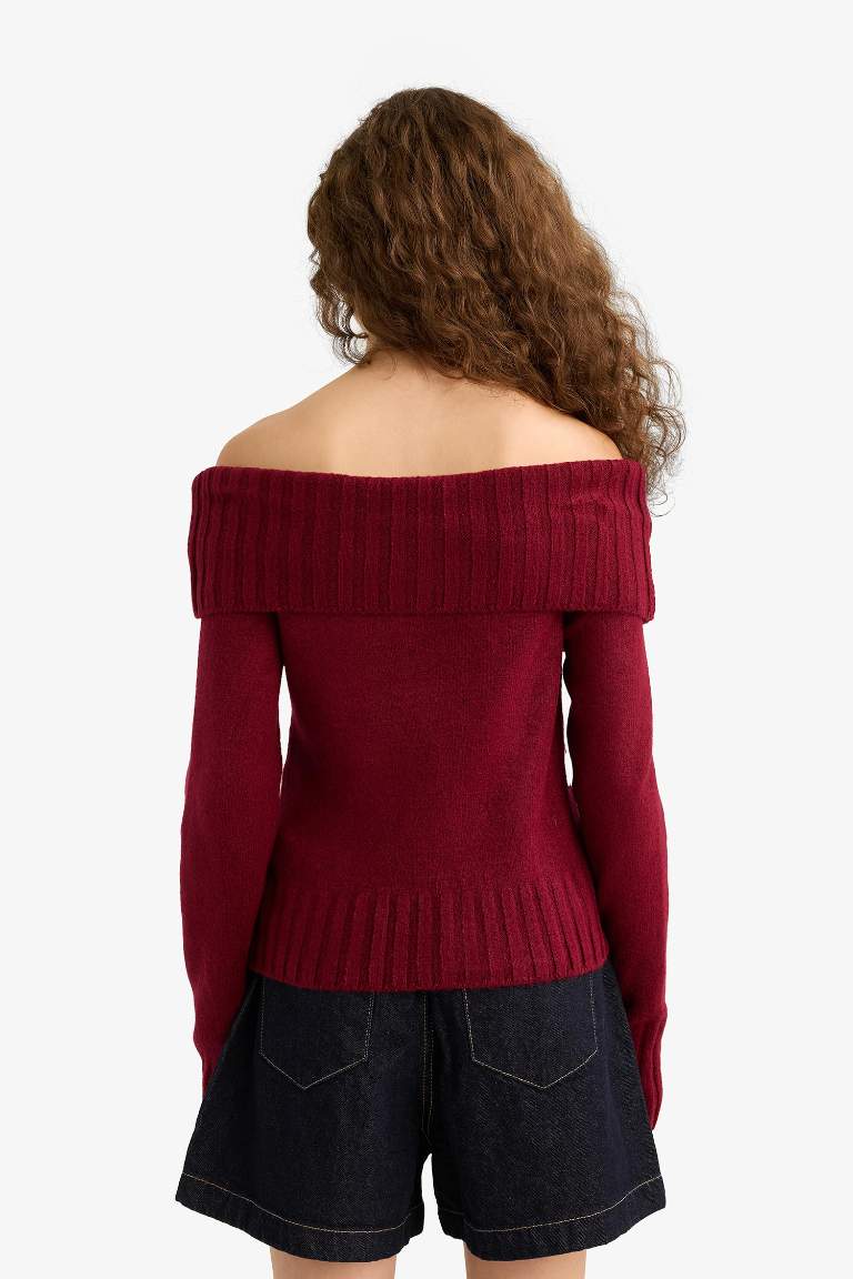 Slim Fit Dar Kesim Açık Omuz Triko Kazak