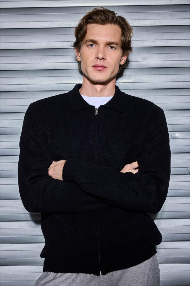 Standart Fit Polo Yaka Fermuarlı Triko Hırka