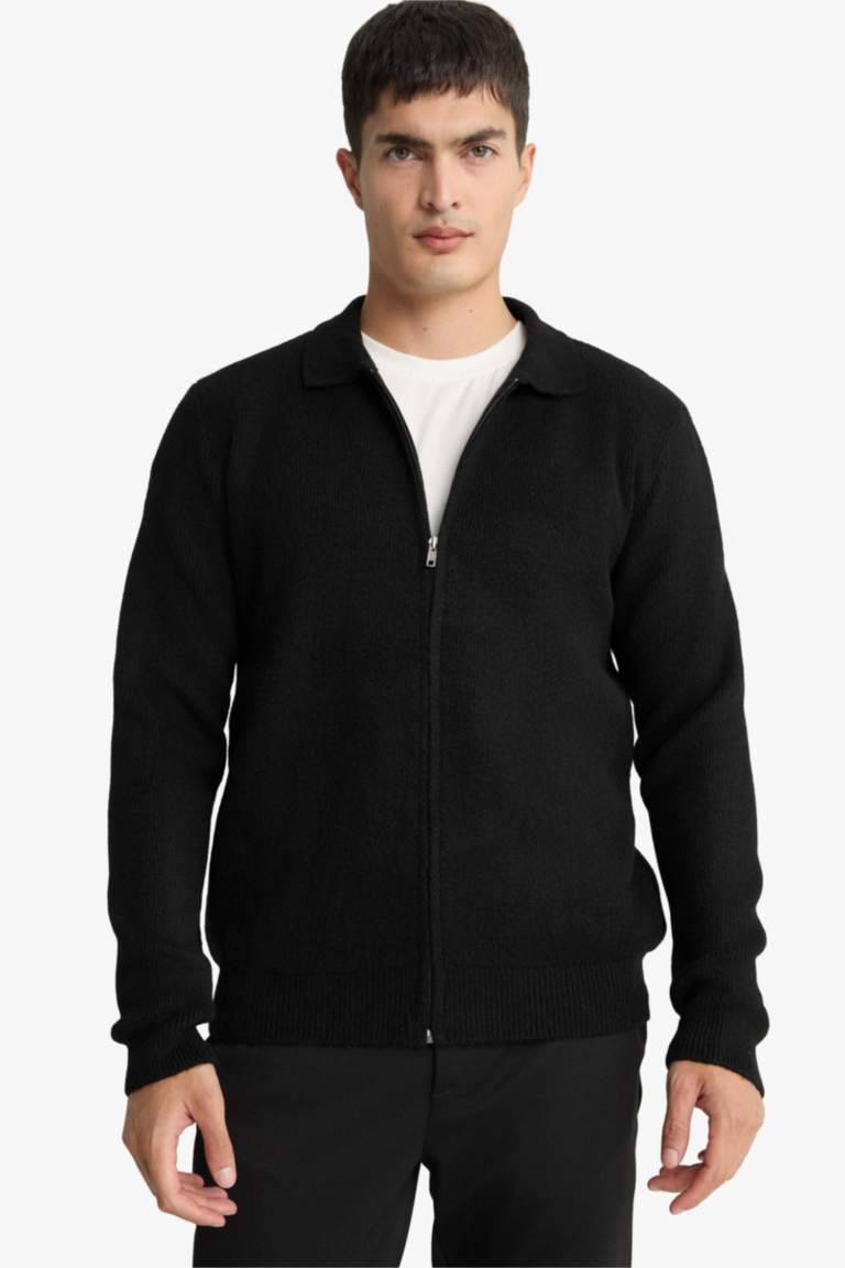 Standart Fit Polo Yaka Fermuarlı Triko Hırka