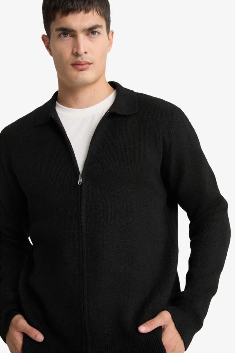 Standart Fit Polo Yaka Fermuarlı Triko Hırka