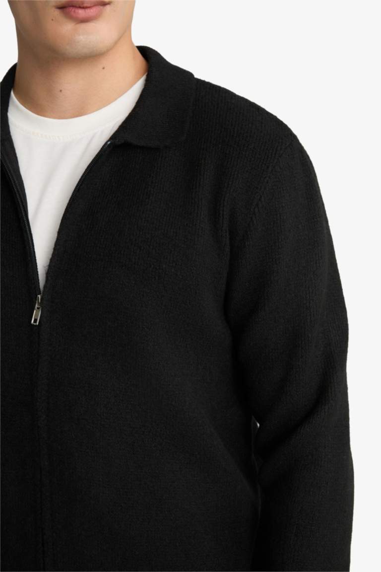 Standart Fit Polo Yaka Fermuarlı Triko Hırka