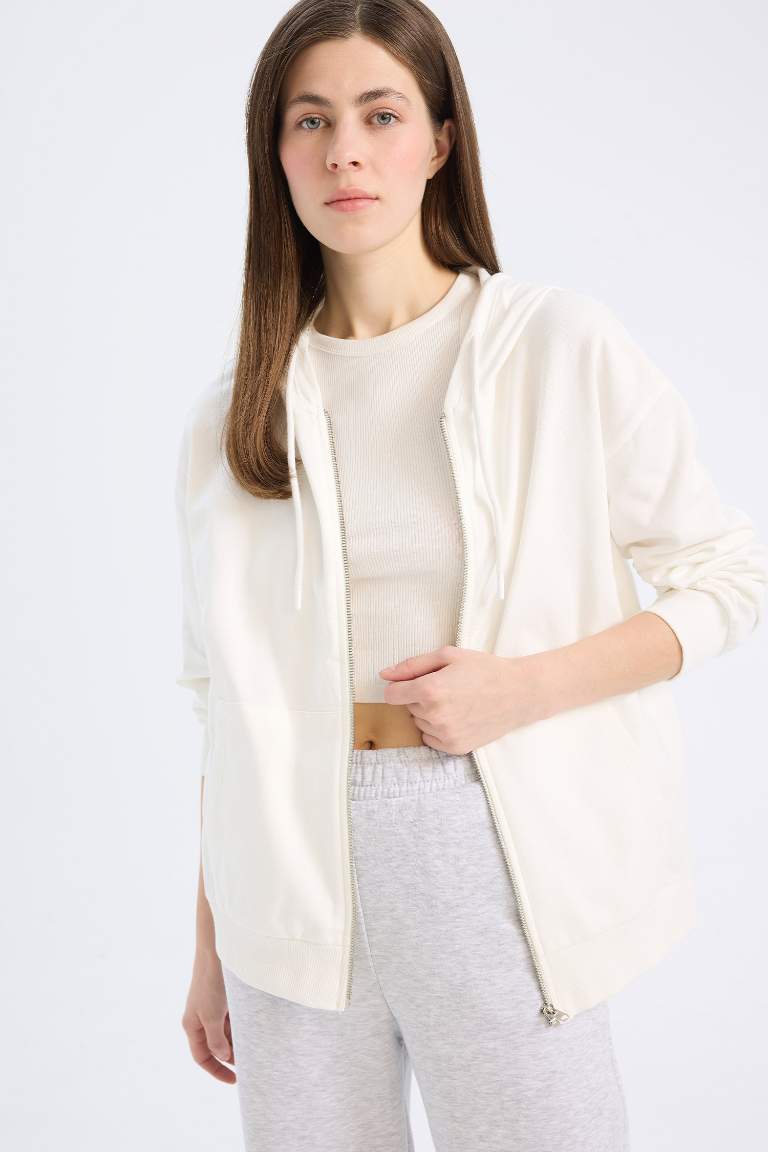 Relax Fit Hooded Basic Thin Sweatshirt Fabric Cardigan