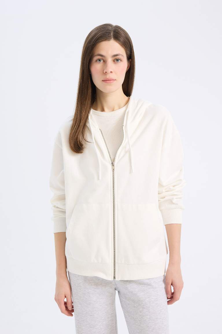 Relax Fit Hooded Basic Thin Sweatshirt Fabric Cardigan