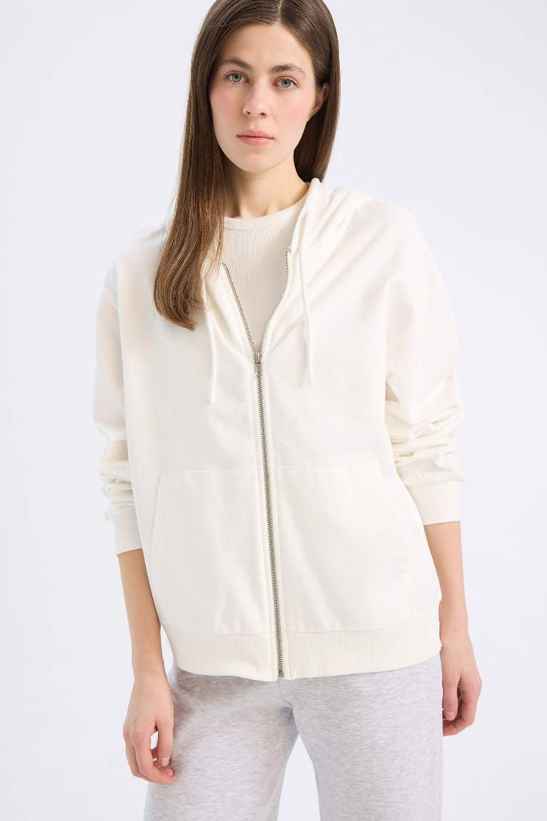 Relax Fit Hooded Basic Thin Sweatshirt Fabric Cardigan