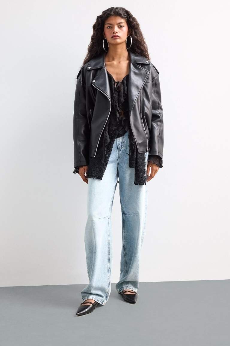 Oversize Fit Zippered Faux Leather Jacket