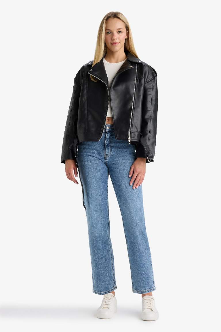 Oversize Fit Zippered Faux Leather Jacket