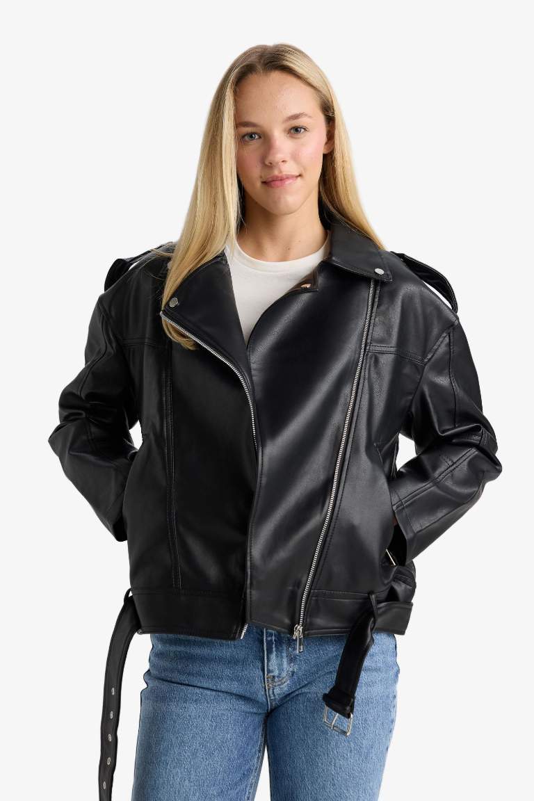Oversize Fit Zippered Faux Leather Jacket