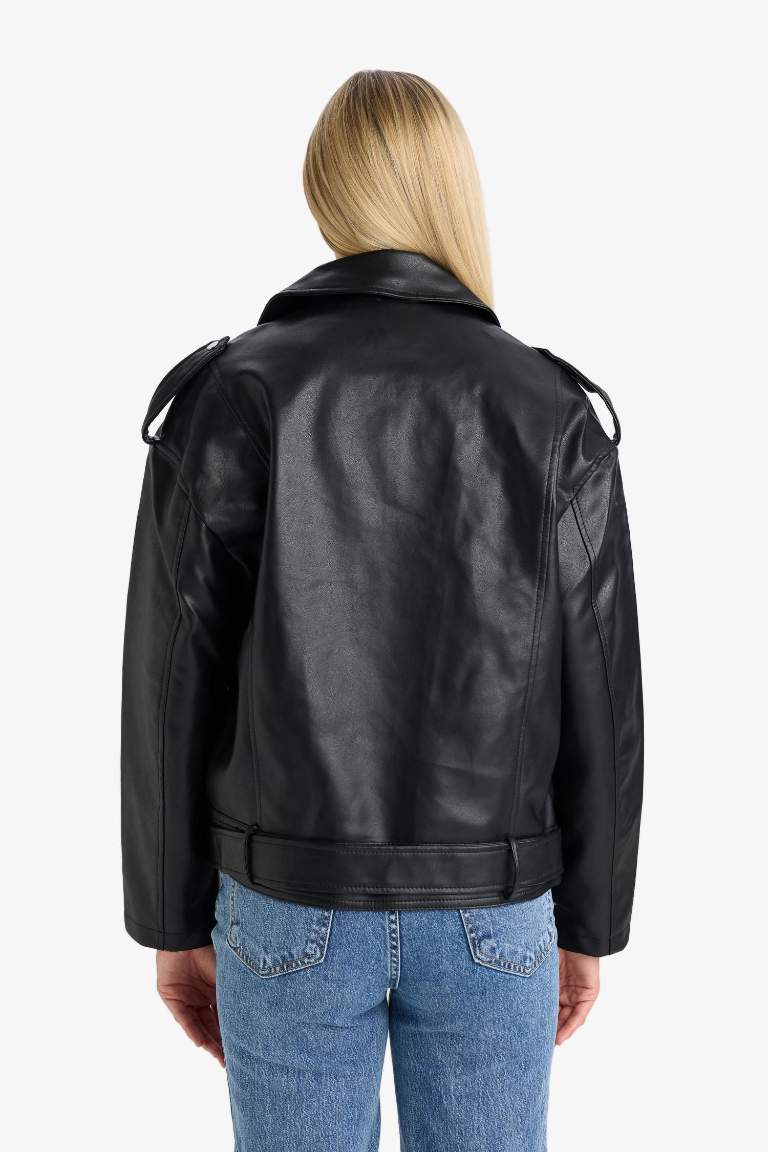 Oversize Fit Zippered Faux Leather Jacket