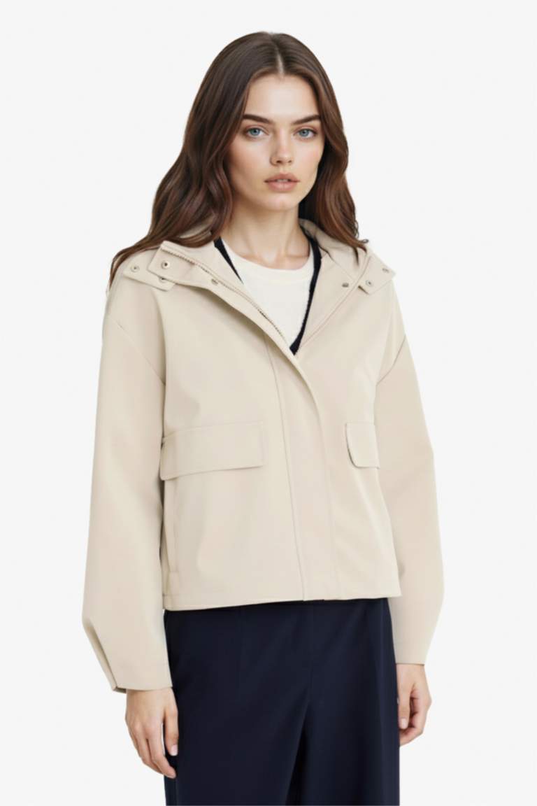 جاكيت مطر جلد صناعي قصة عادية بغطاء للرأس ببطانة صوفية