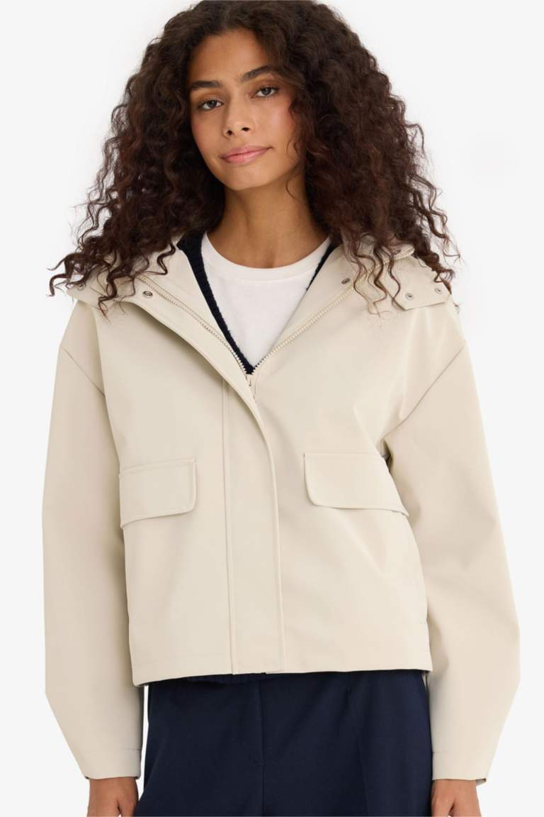 جاكيت مطر جلد صناعي قصة عادية بغطاء للرأس ببطانة صوفية