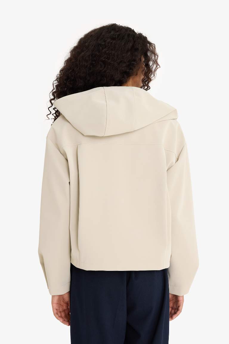 جاكيت مطر جلد صناعي قصة عادية بغطاء للرأس ببطانة صوفية