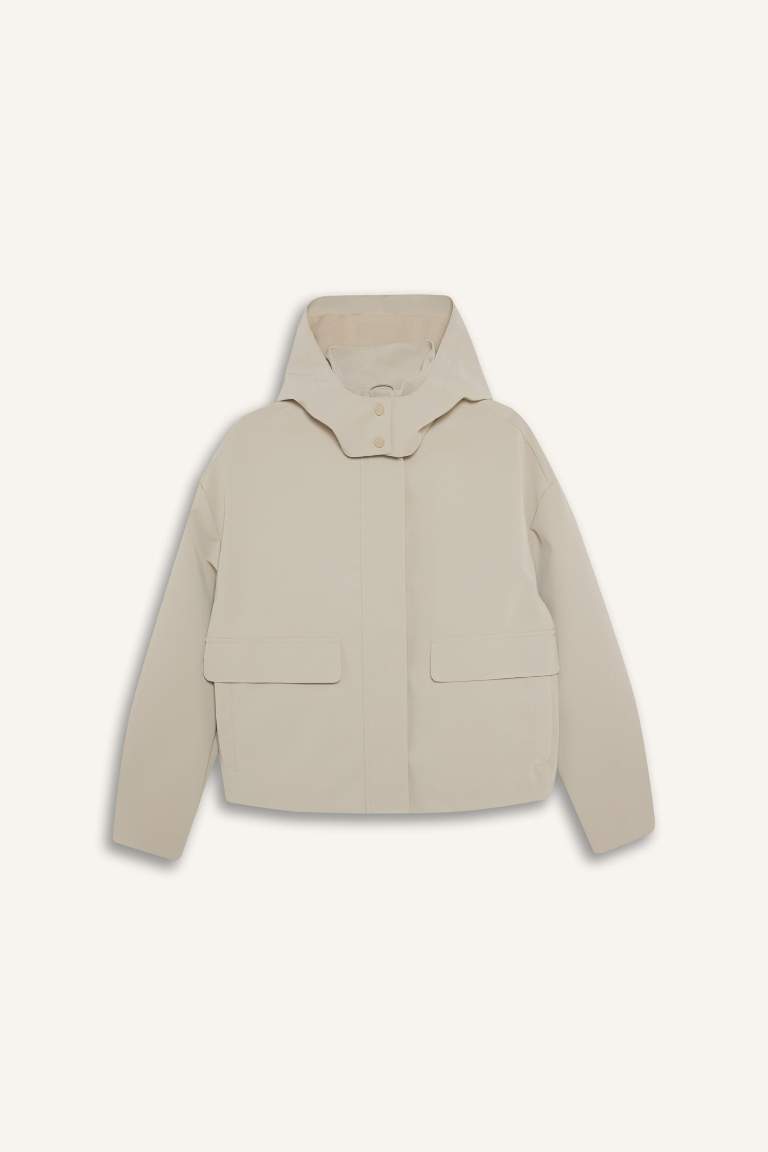 جاكيت مطر جلد صناعي قصة عادية بغطاء للرأس ببطانة صوفية