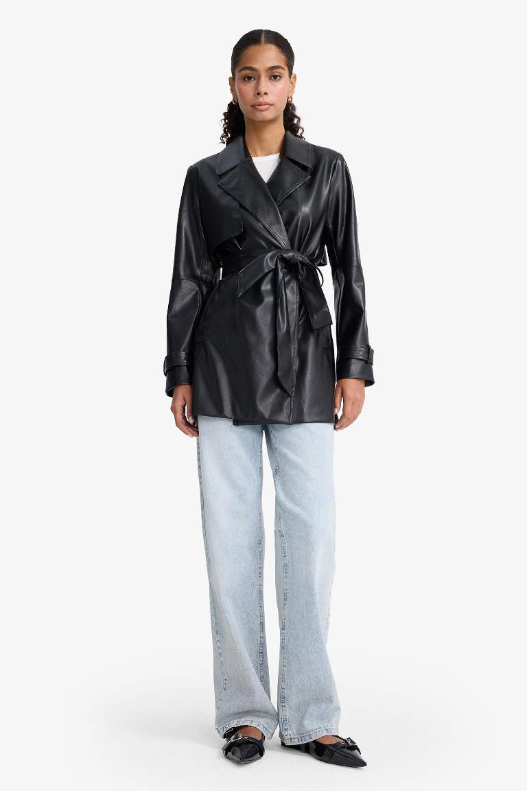 معطف ترانش كوت قصير قصة عادية جلد صناعي بحزام