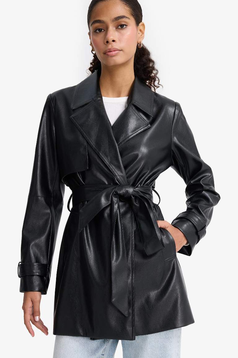 معطف ترانش كوت قصير قصة عادية جلد صناعي بحزام