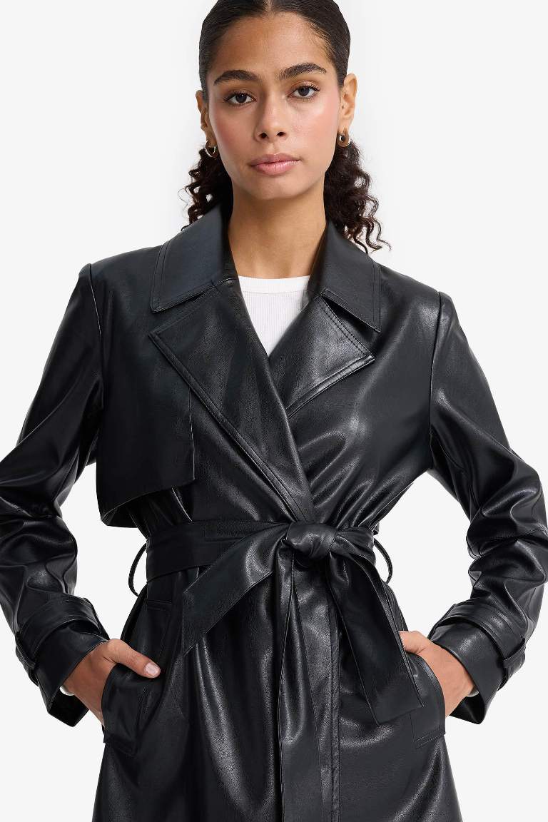 معطف ترانش كوت قصير قصة عادية جلد صناعي بحزام