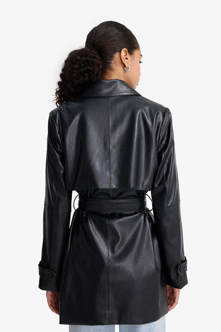 معطف ترانش كوت قصير قصة عادية جلد صناعي بحزام