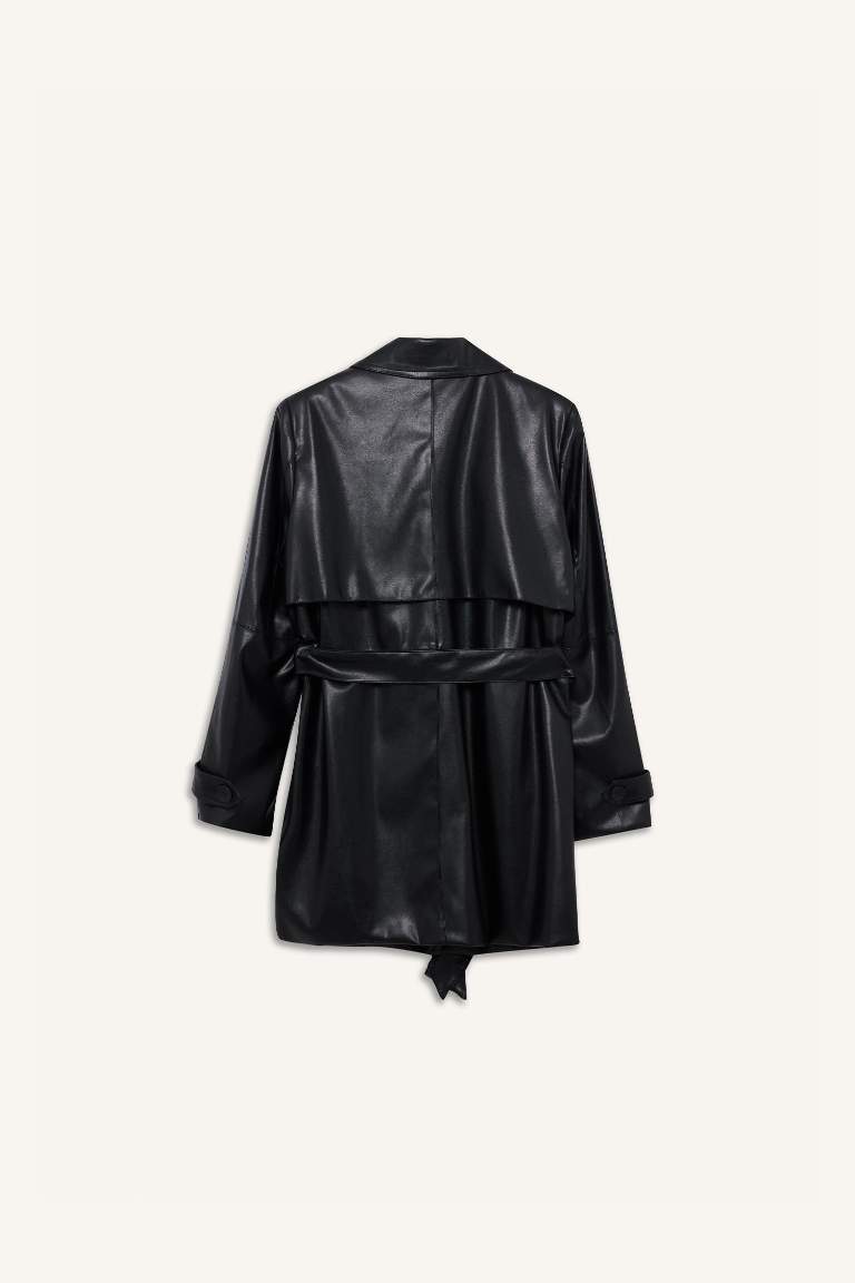 معطف ترانش كوت قصير قصة عادية جلد صناعي بحزام